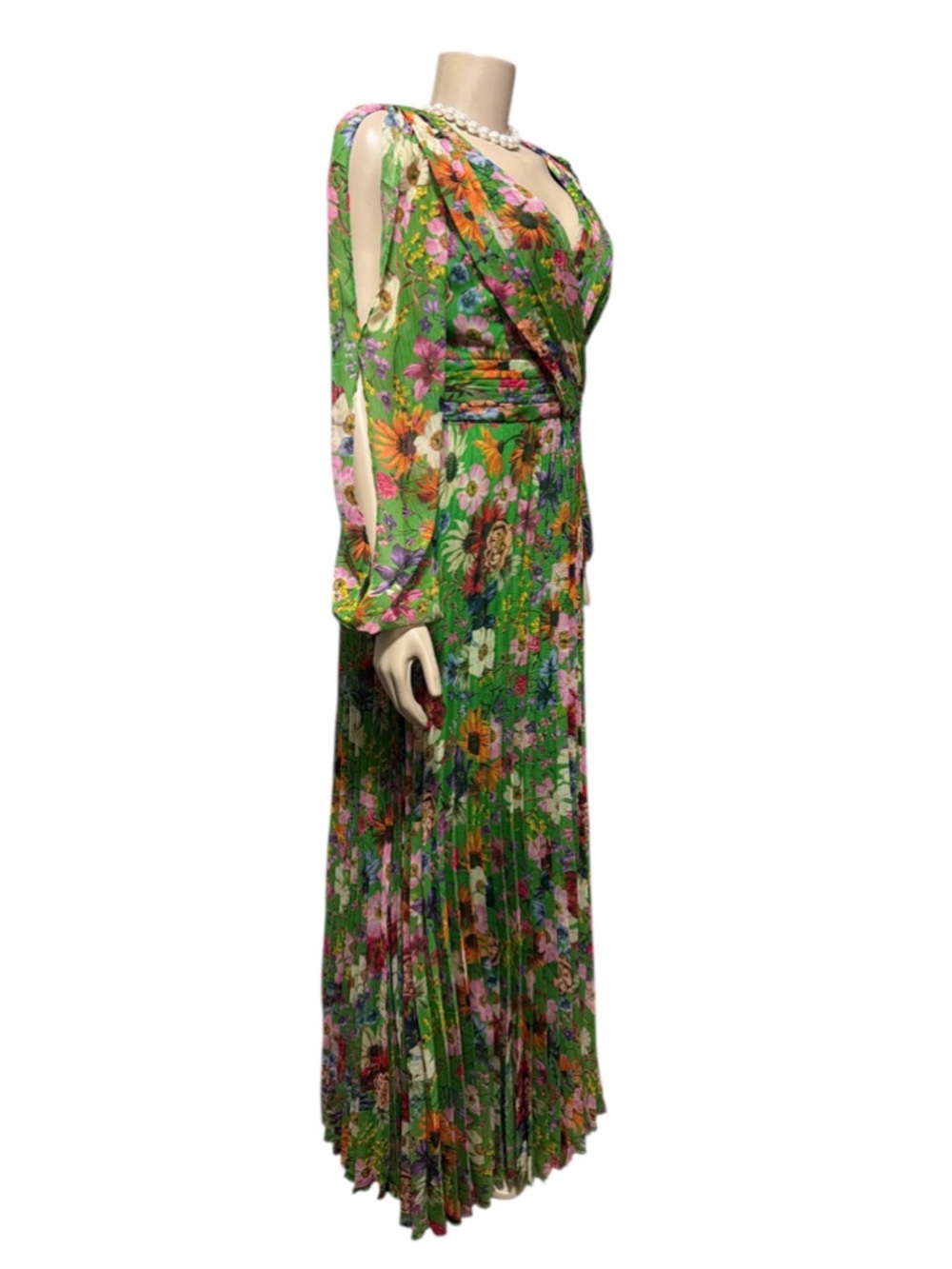 Betsy & Adam Sz 4  Floral Long Sleeve Cold Shoulder Pleated Gown Formal Green - Picture 2 of 15